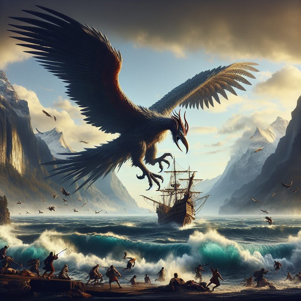 Colossal Roc Ascending with Ship, Fantasy Art