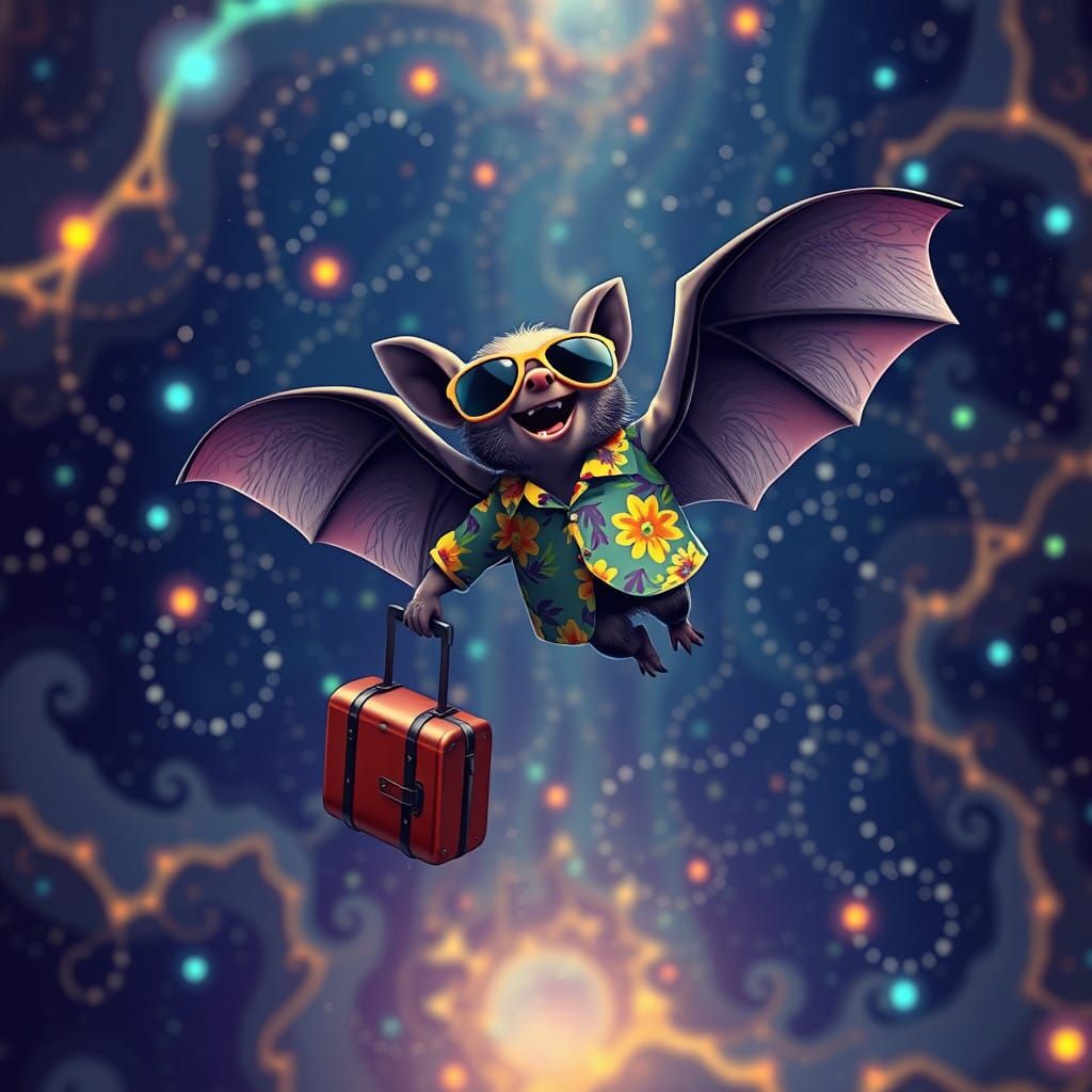 Whimsical Bat Flies Through Starry Night Sky with Suitcase i...