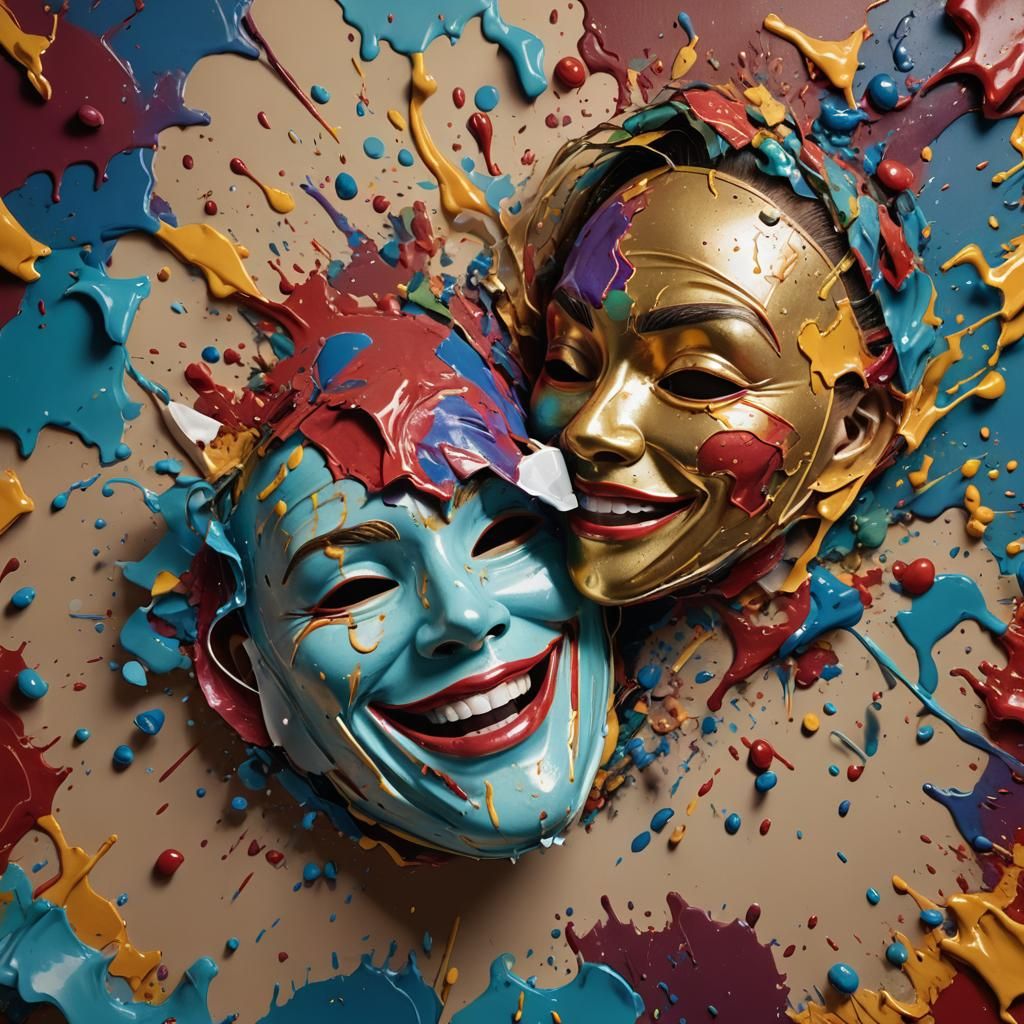 Hyperrealistic Comedy Tragedy Masks in Splash Art Style
