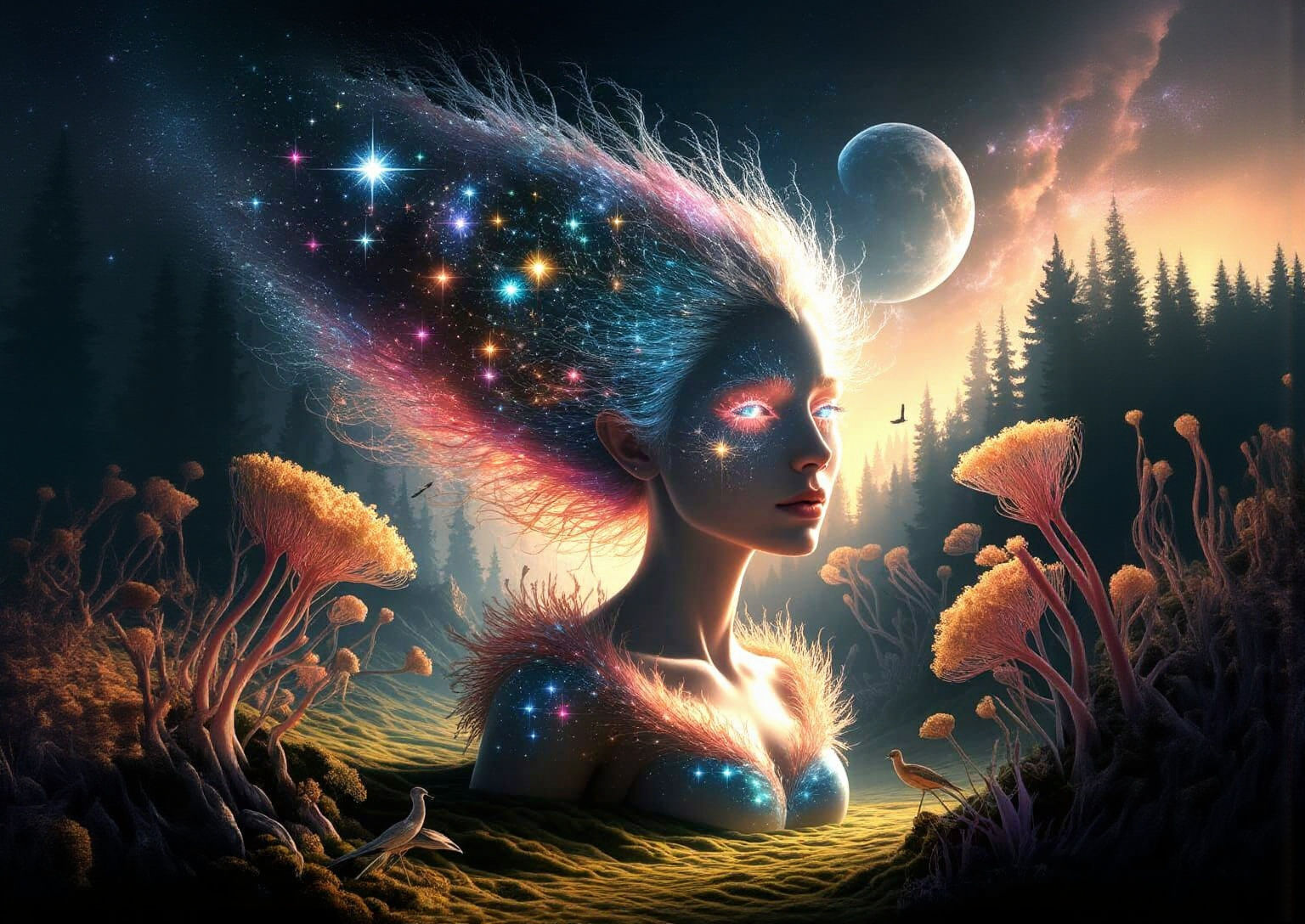 Ghostly Starlight Woman in Glowing Forest