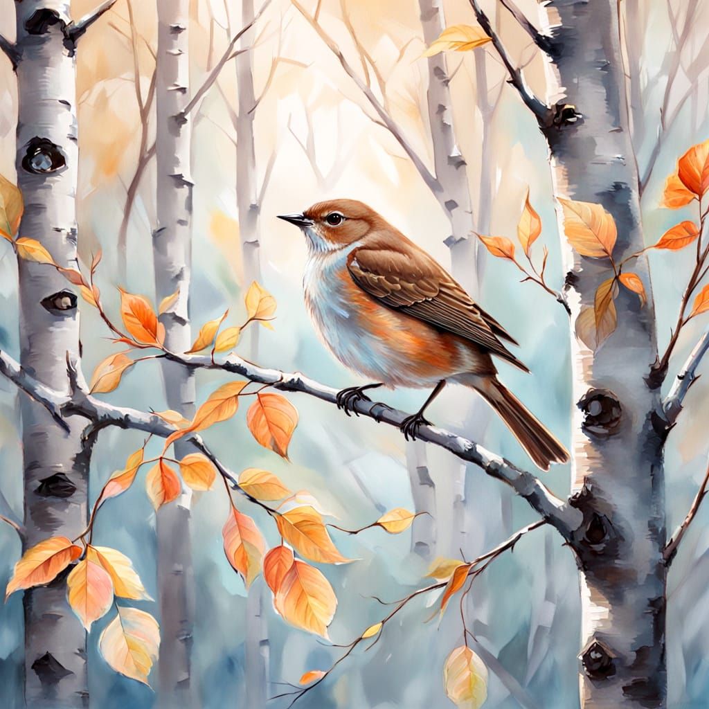Nightingale in Impressionistic Dreamscape with Birch Earring...