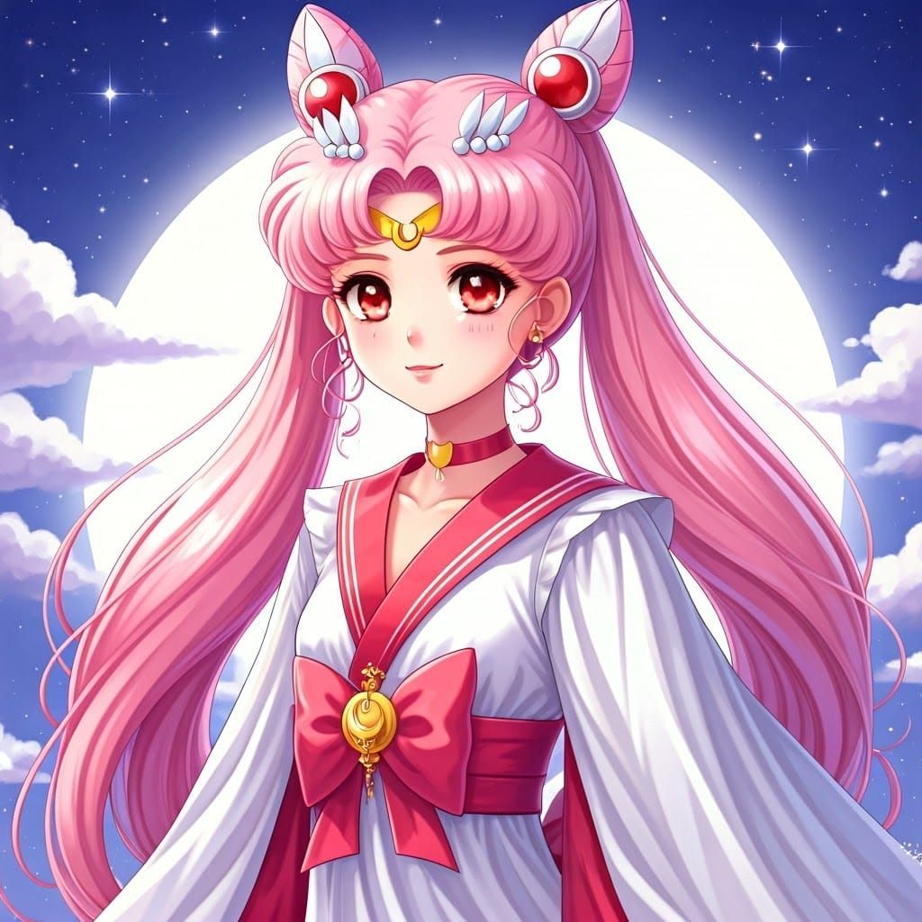Ethereal Sailor Chibi Moon in Dreamy Moonlit Landscape