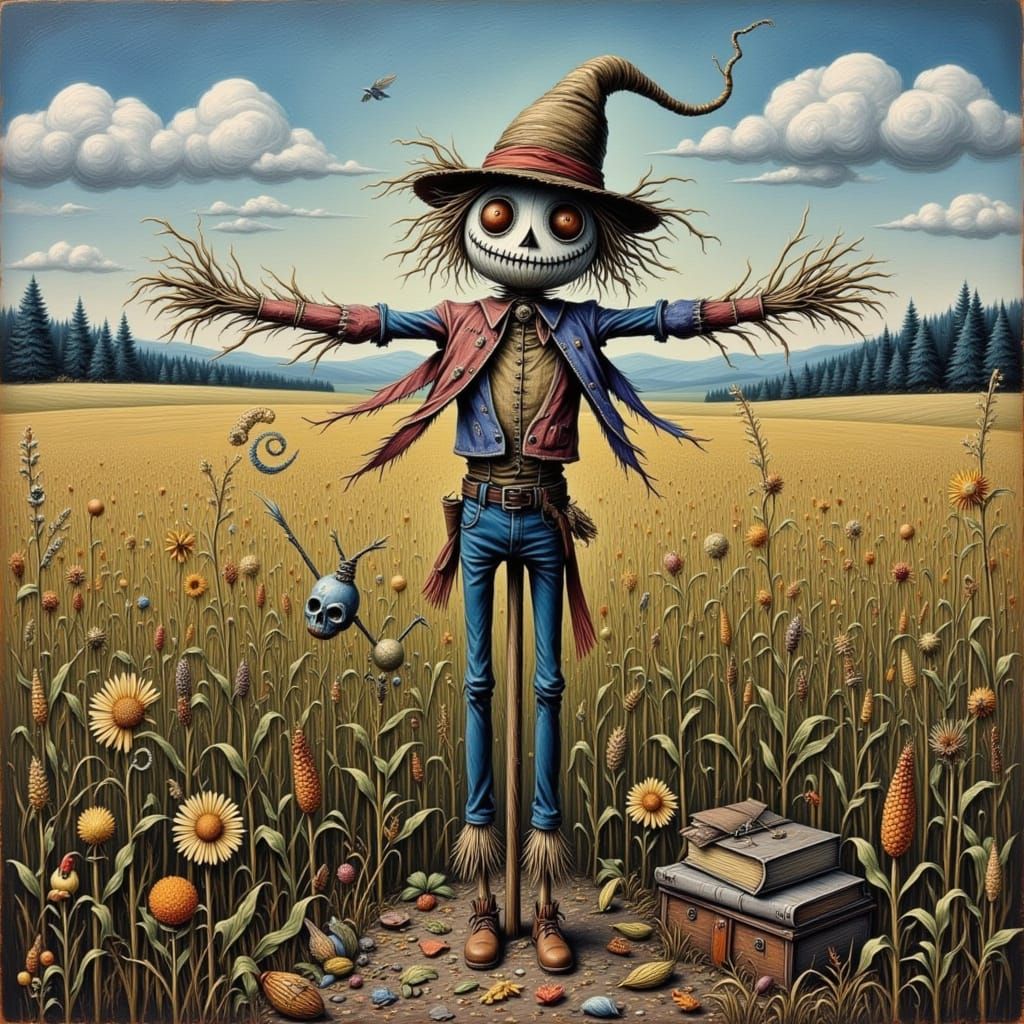 Tim Burton Style Scarecrow in Cornfield