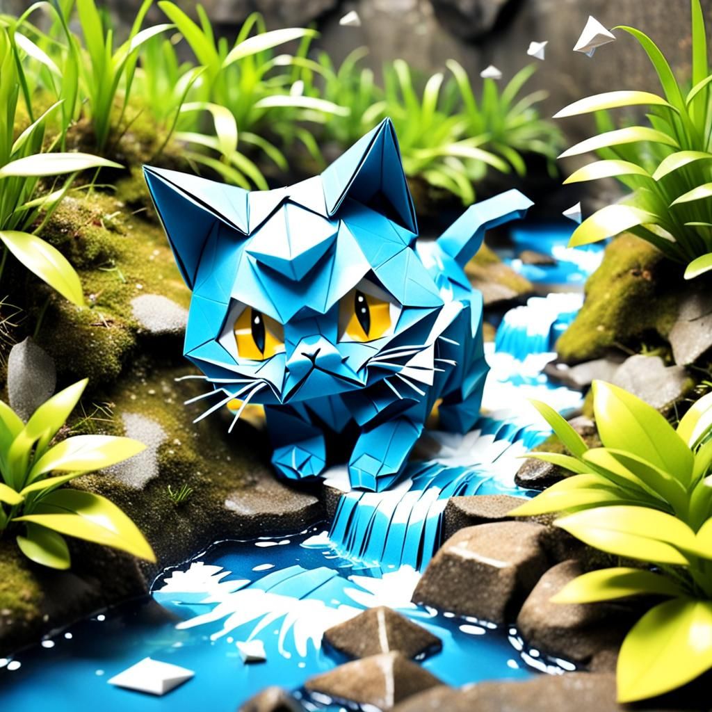 Origami Cat Graffiti Art in Stream
