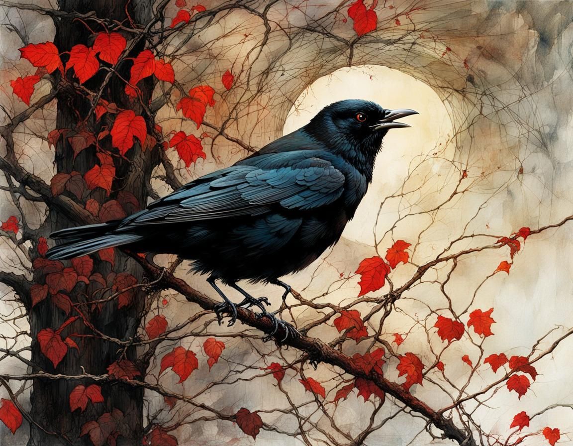 Entangled Blackbird and Vines in Arthur Rackham Style