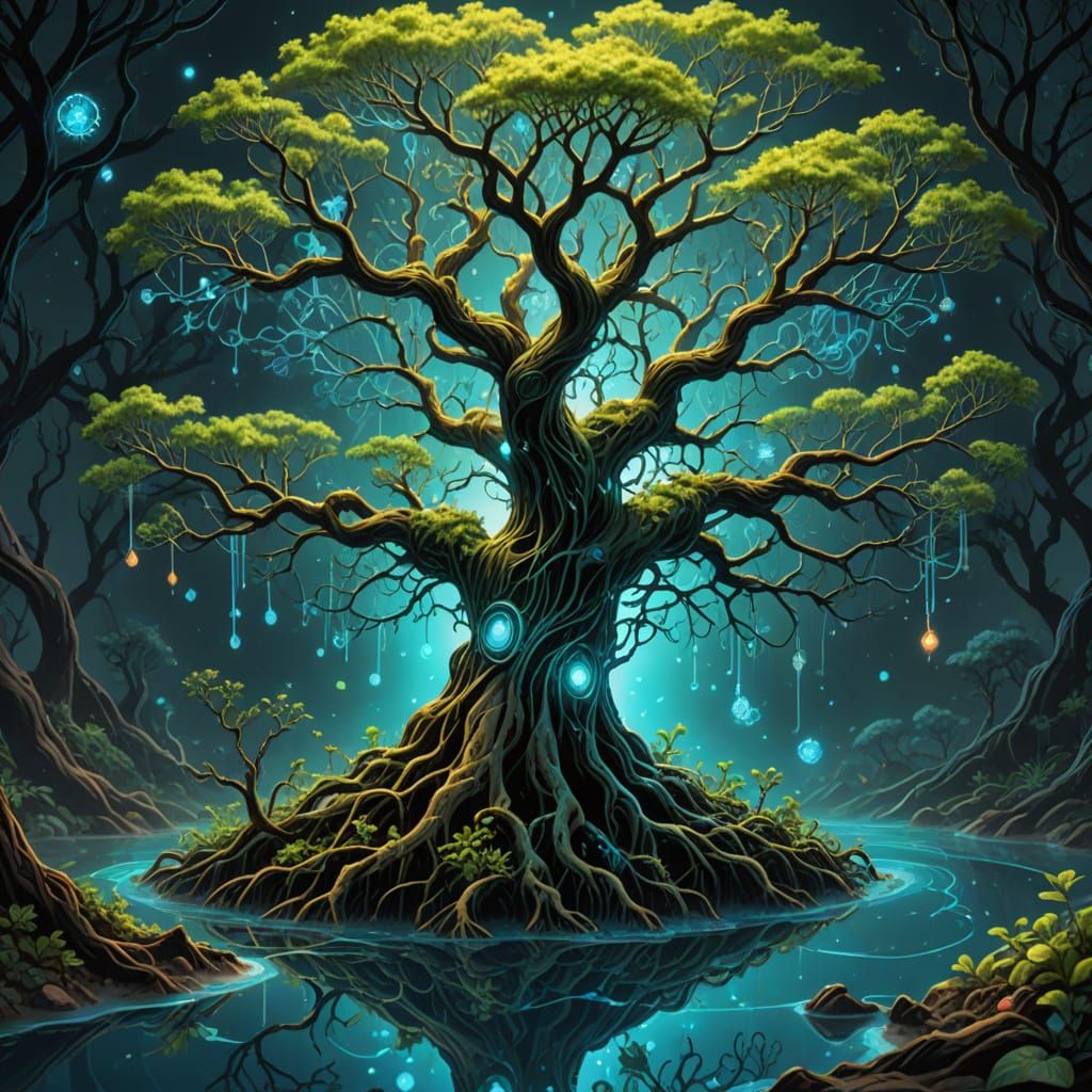 Biopunk Tree of Knowledge: DNA, Neurons, and Microchips