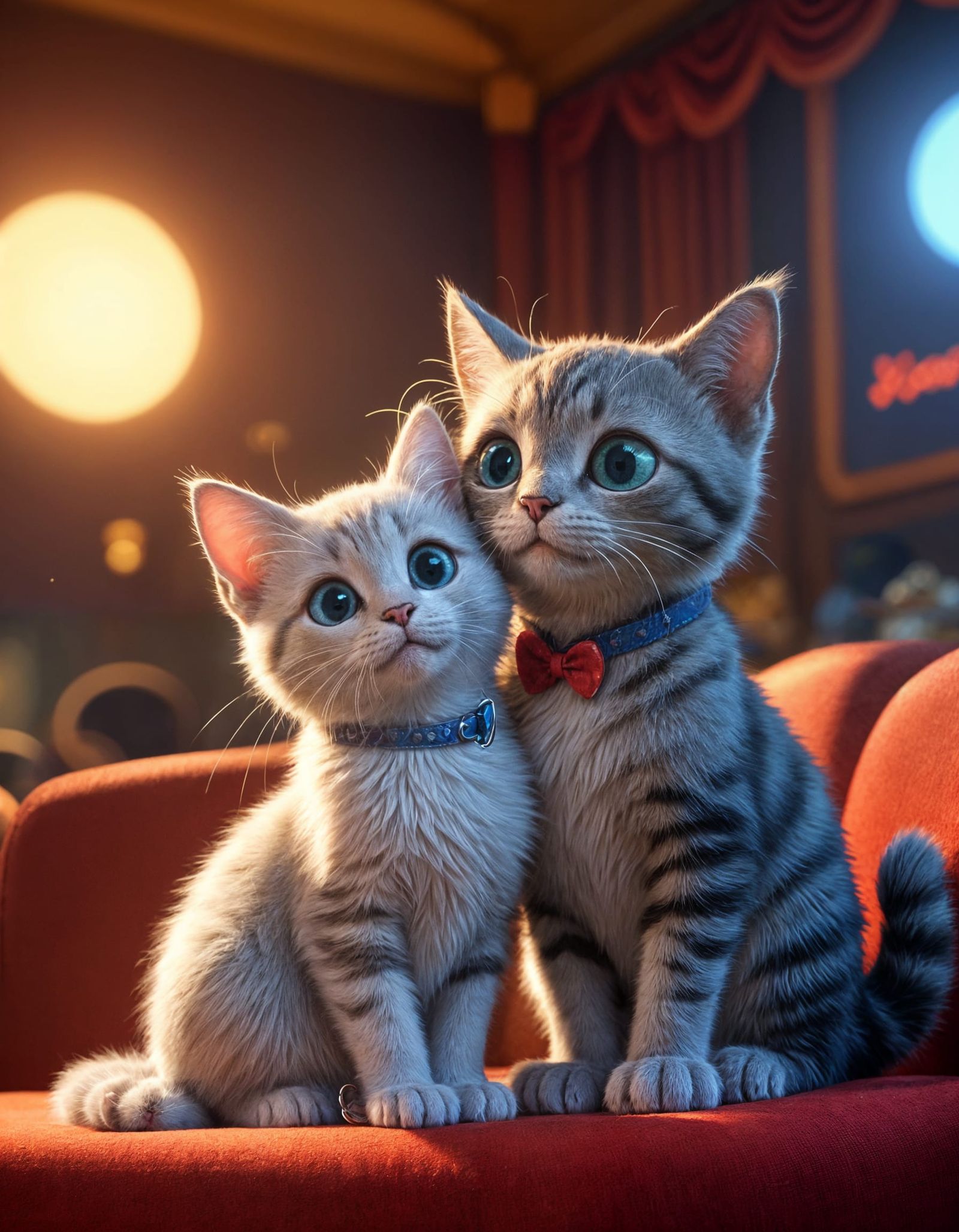 Cute Cat and Kitten Share a Romantic Moment in a Cozy Theate...