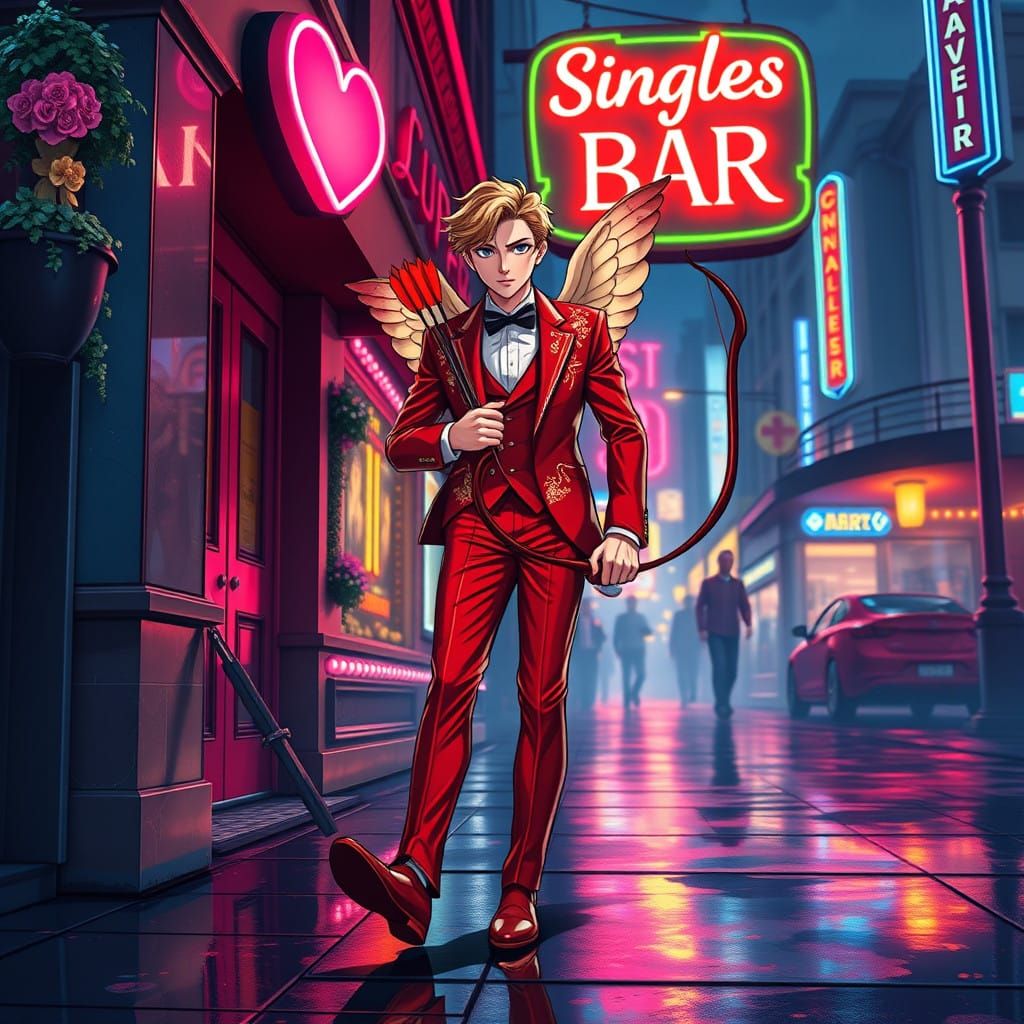 Cupid dressed in a shiny luminous red tuxedo with his bow an...