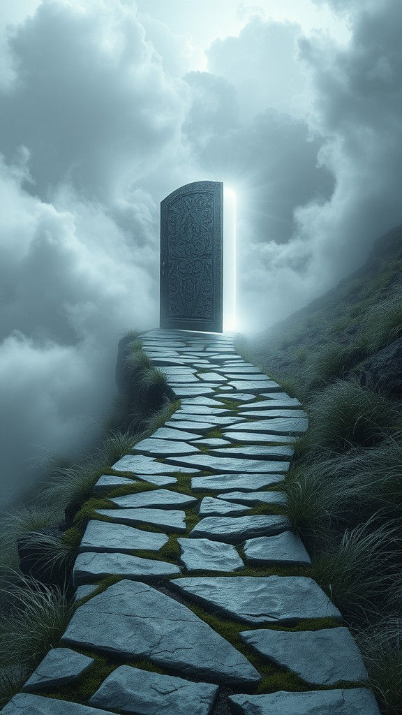 Ethereal Stone Path to Floating Door in Clouds