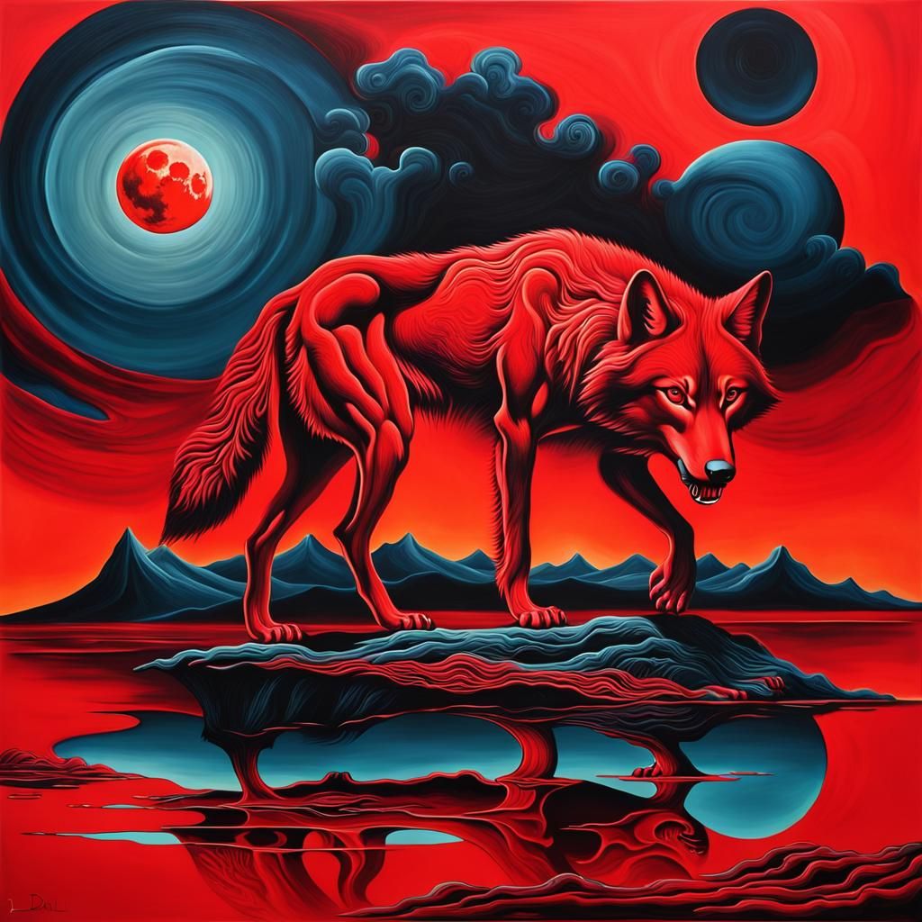 Surreal Red Wolf Under Glowing Moon