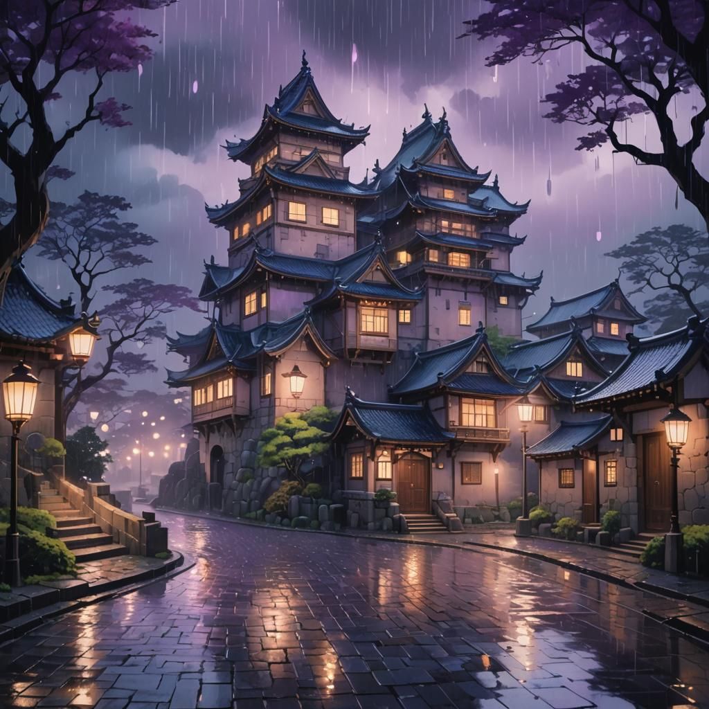 Rainy Night Castle in Whimsical Anime Style