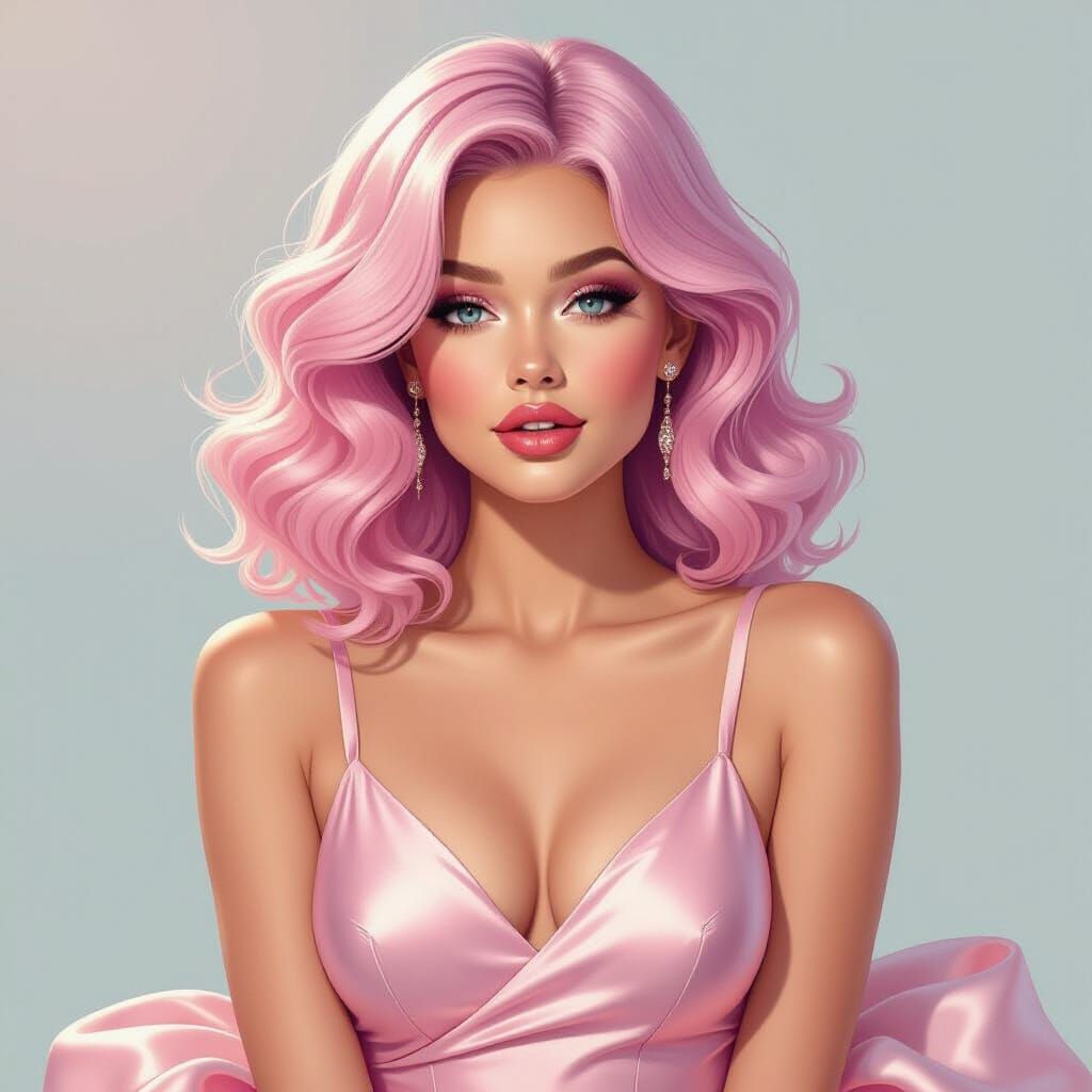 Woman with Cotton Candy Hair in Digital Art Style