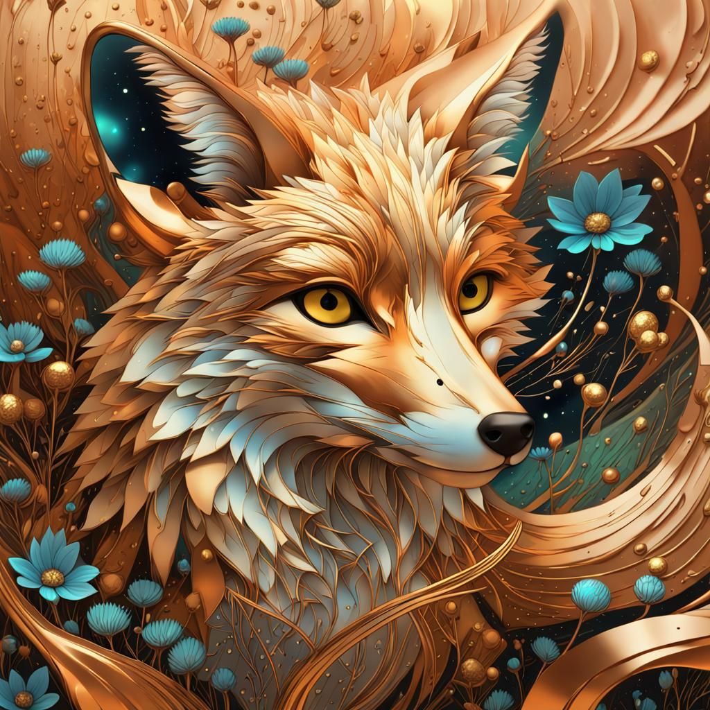 Golden Fox in Copper Abstract Bioluminescent Field