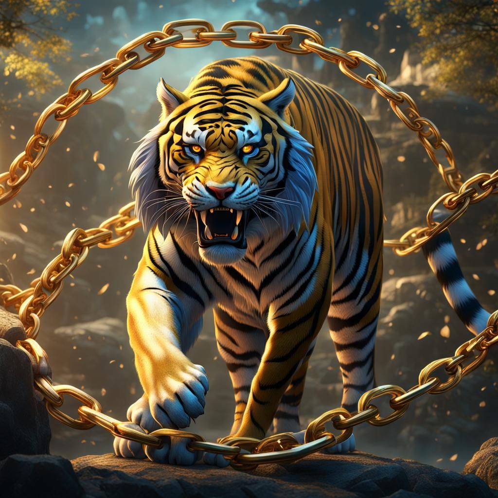 Japanese Tiger with Golden Chain: Detailed Matte Painting