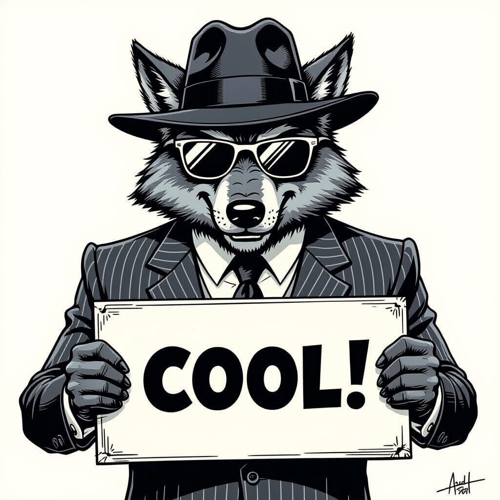 Sophisticated Big Bad Wolf with Sign in Comic Style
