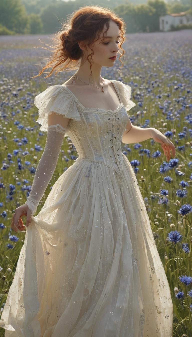 Iridescent Edwardian Dancer in a Cornflower Field