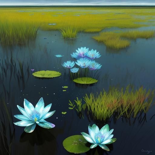 Iridescent Swamp Flowers in a Glimmering Marsh