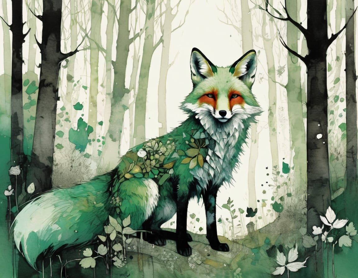 Majestic Green Fox in Vibrant Redwood Forest