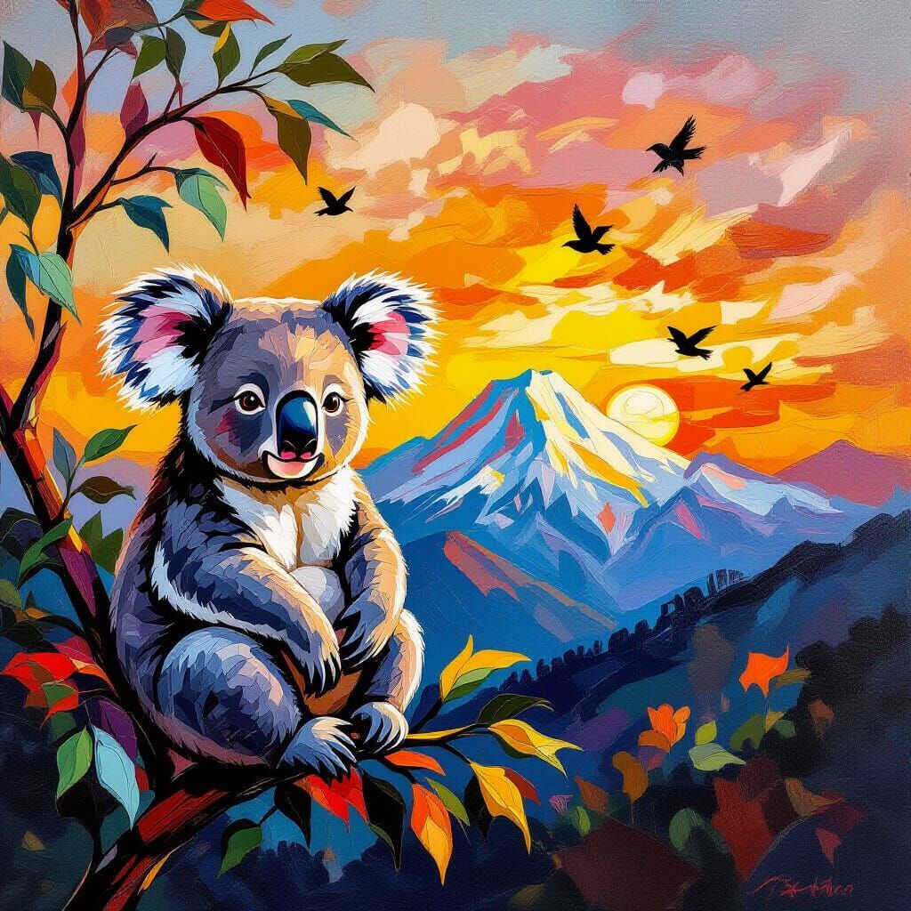 Koala on Tree Under Snowy Mountain Sunset in Impasto Style
