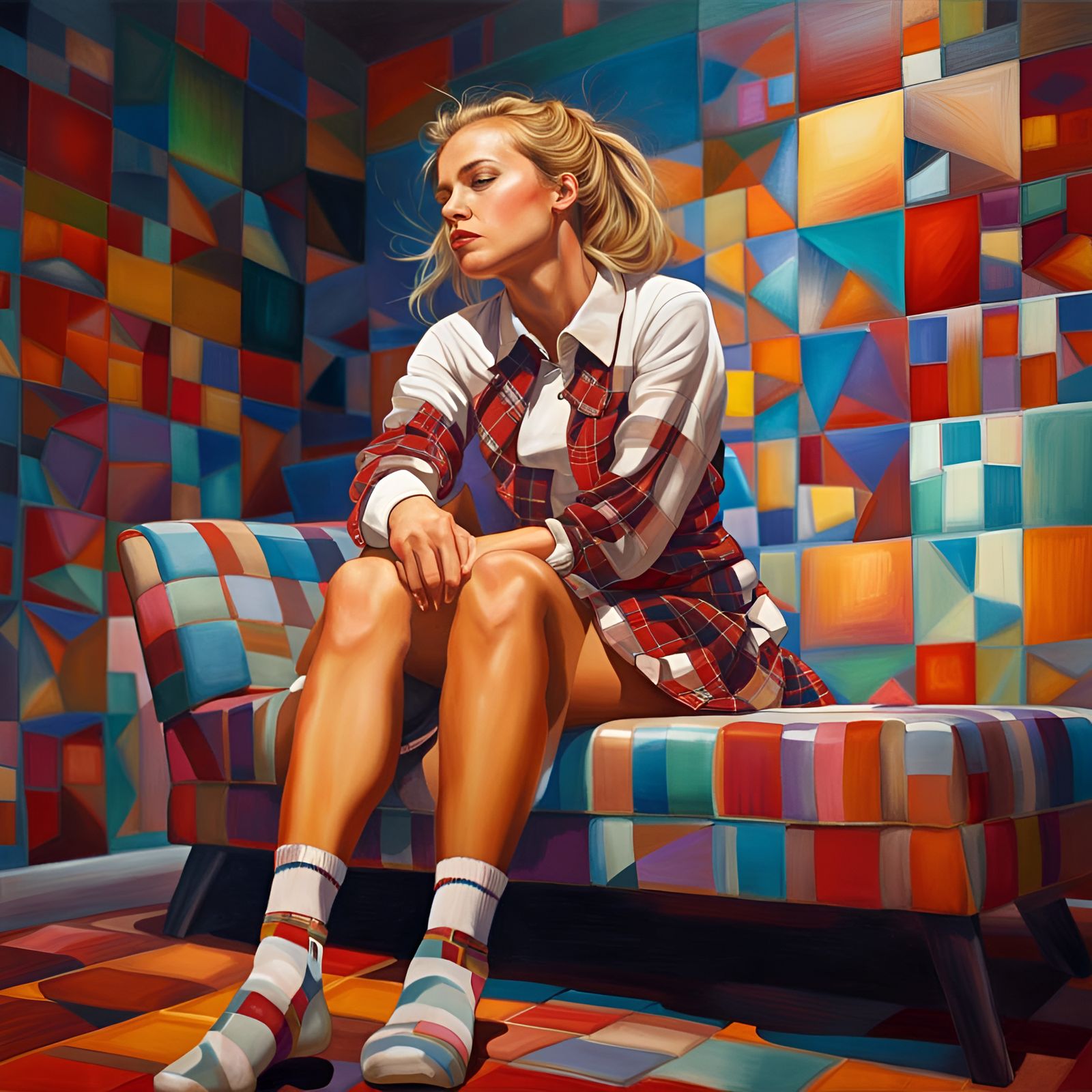 Woman in Plaid Skirt: Hyperrealistic Splash Art
