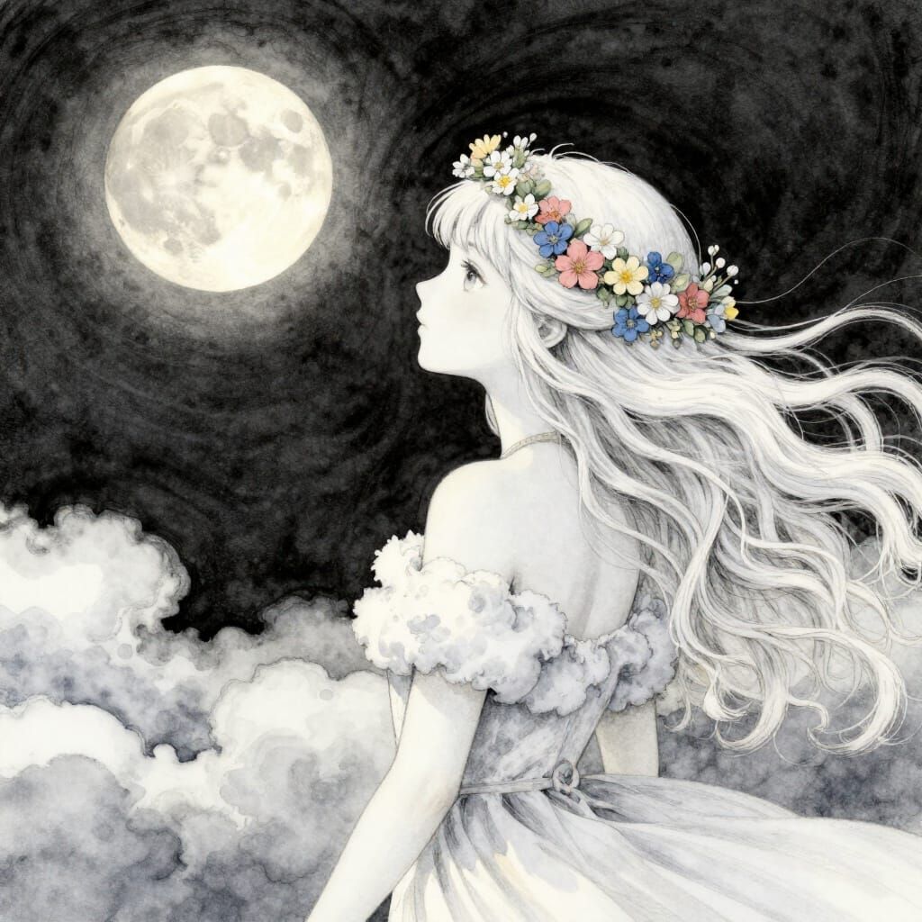 Ethereal Princess Watches Blood Moon in Stylised Watercolour