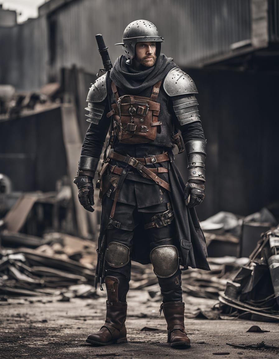 Post-Apocalyptic Armor in Ruined Urban Landscape