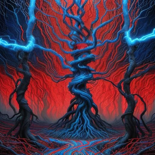 Dystopian Liquid Metal Forest with Electric Lightning