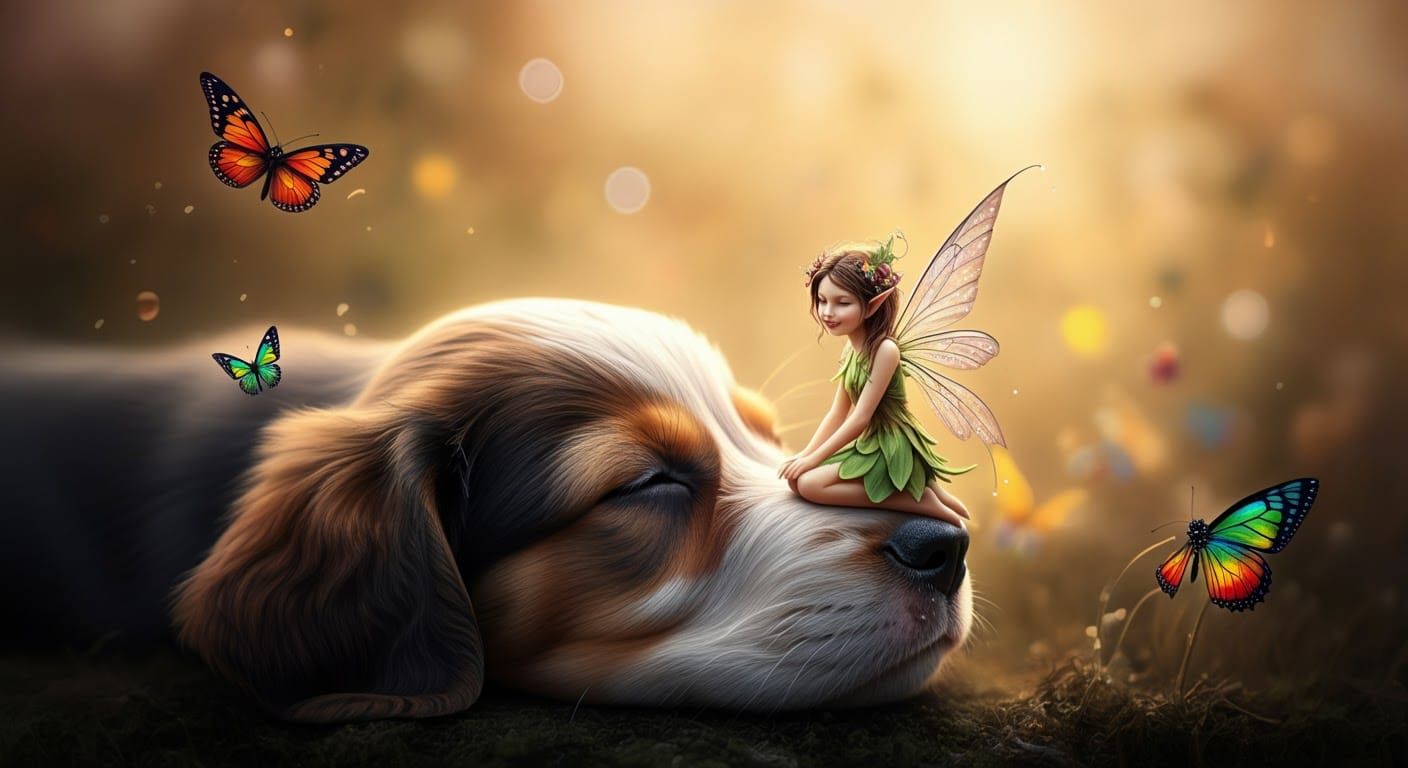 Fairy on Dog's Nose in Sun-Drenched Meadow