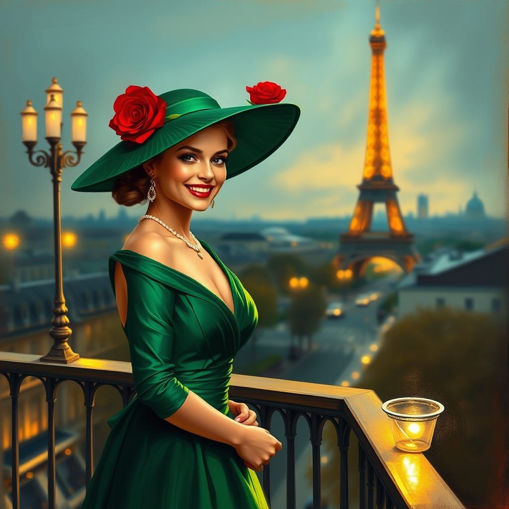 Elegant Woman in Emerald Gown with Rose Hat in Paris