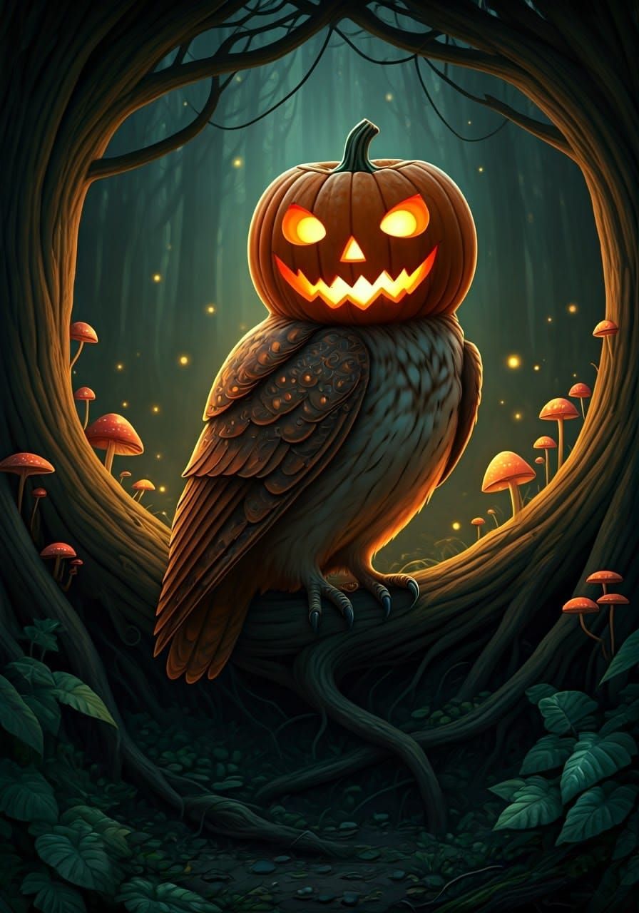Mystical Jack-o'-Lantern Owl in Enchanted Forest