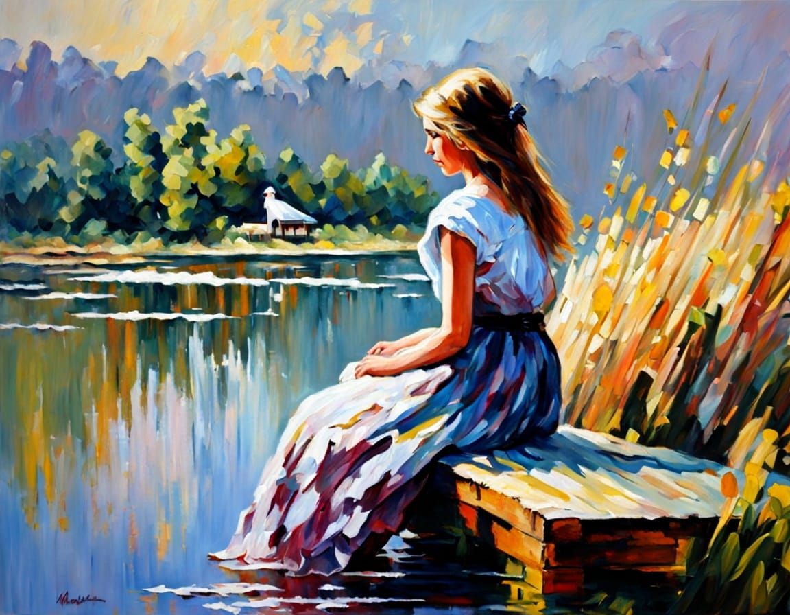 Woman in Shimmering Dress on Serene Lake Jetty in Impression...