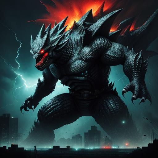 Super Gigan Attacks Godzilla in Neon Cityscape