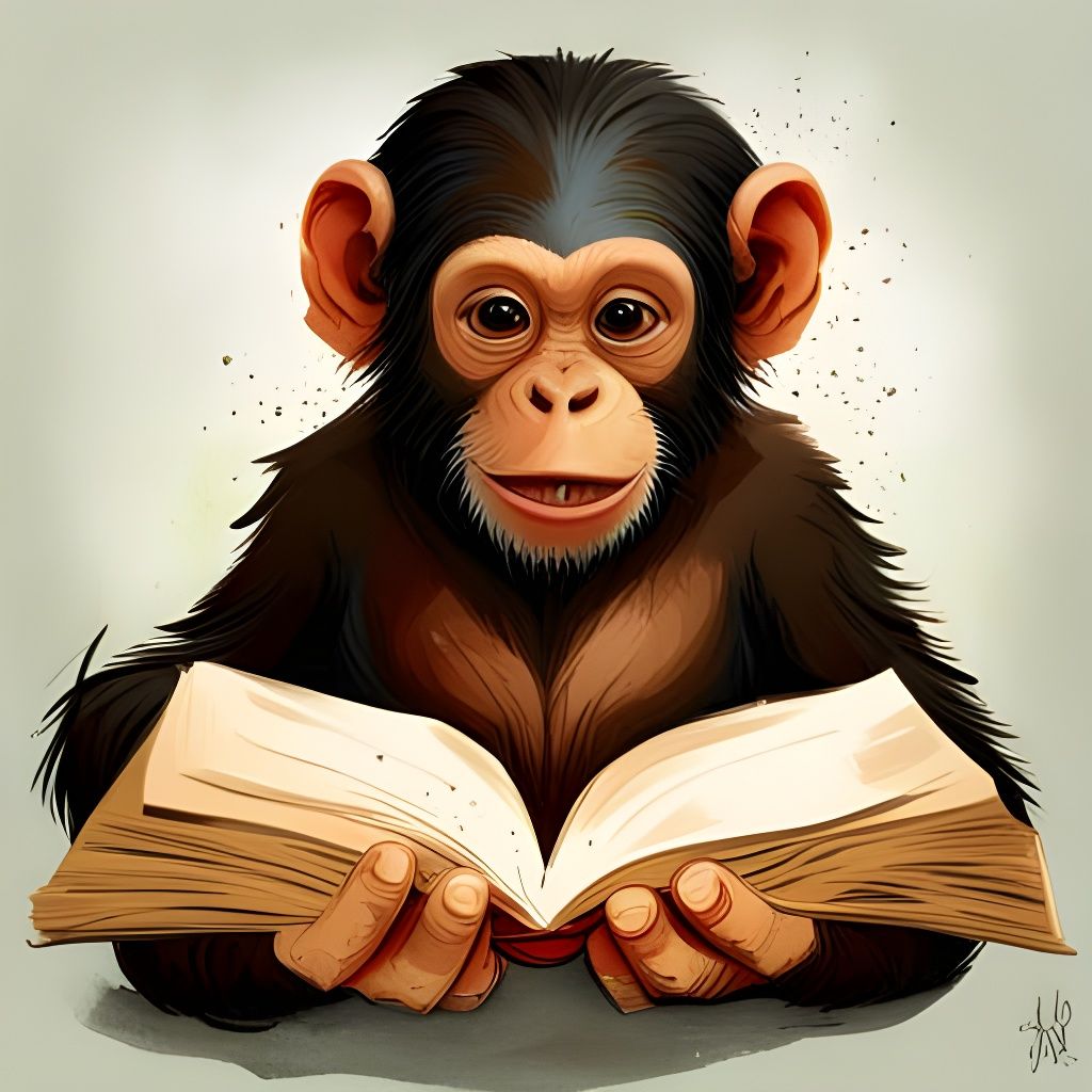 Adorable Chimp Reads Book: Hyperrealistic Splash Art