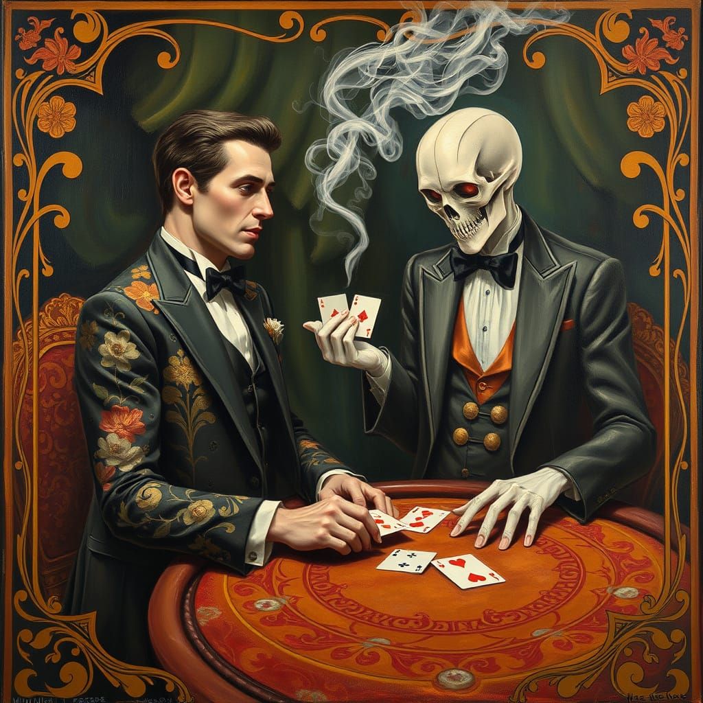 Gambler Meets Ghostly Dealer in Opulent Art Nouveau Scene