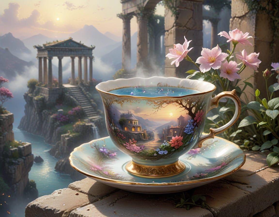 Floral Teacup Set in Ancient Greek Ruins