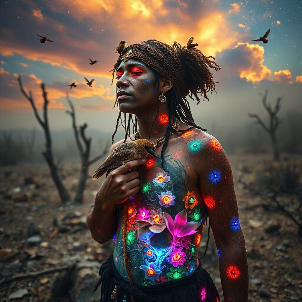 Mystical Shaman's Soulful Journey in Bio Art Collage