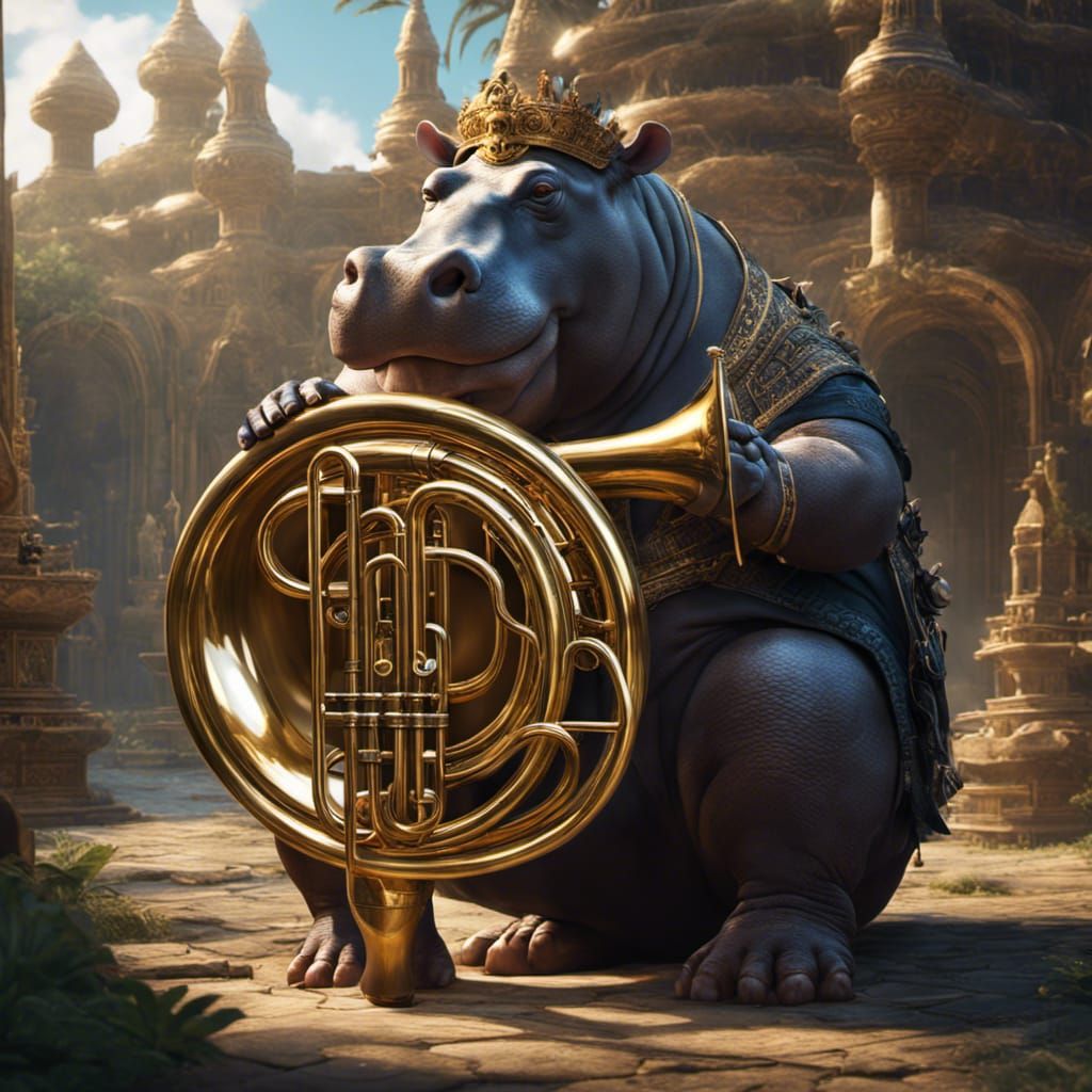 Hippo Playing Tuba in Detailed Matte Painting