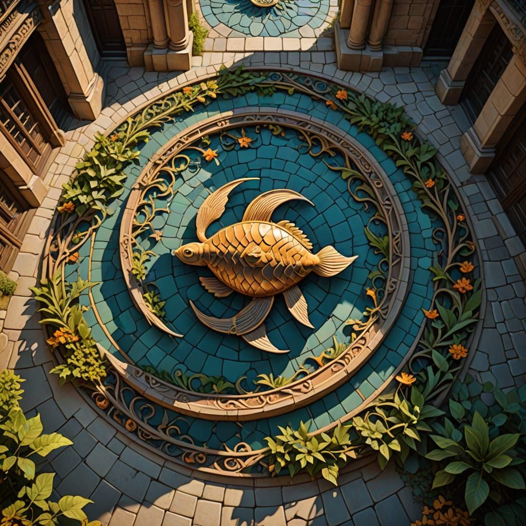 Vibrant Pisces Zodiac Sign Swirling in Ancient Courtyard