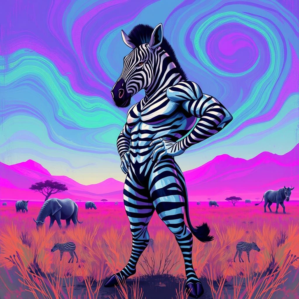 Neon Zebra Hero in Vibrant Savannah