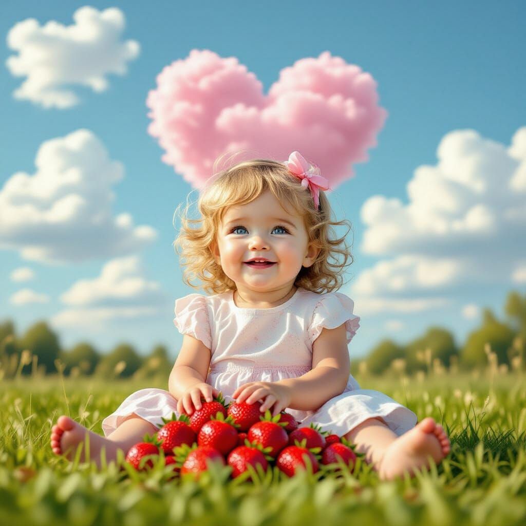 Hyperrealistic Girl with Strawberries and Heart Cloud