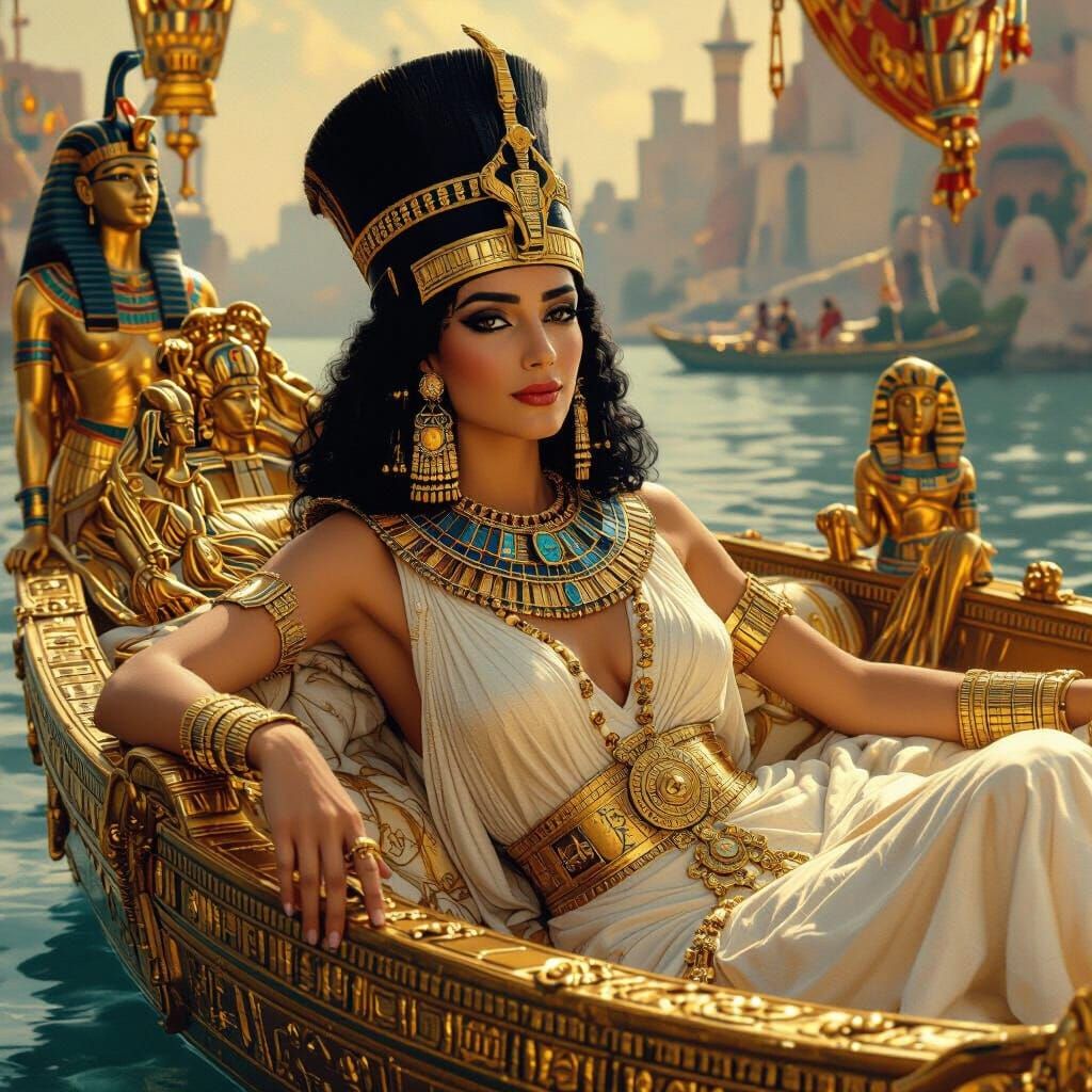 Cleopatra on Golden Barge in Art Nouveau Style