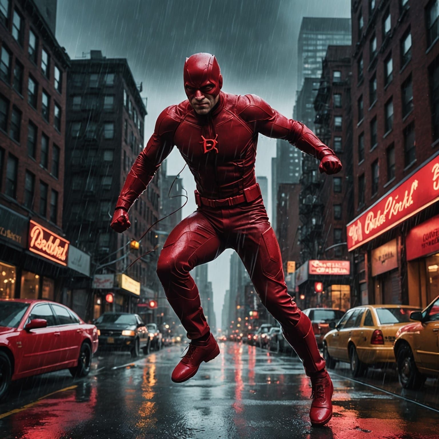 A dramatic scene of Daredevil leaping from a rooftop