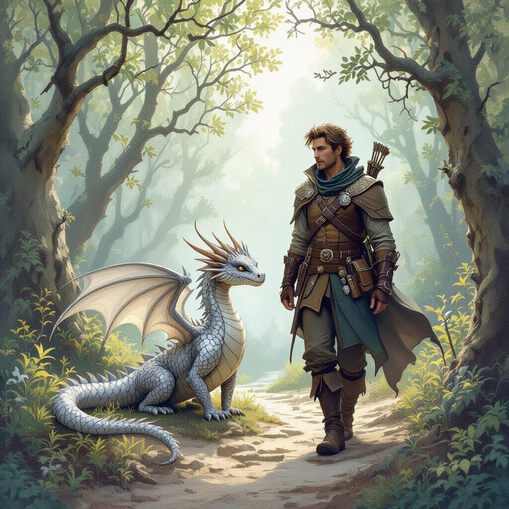Adventurer and Dragon in Mystical Forest