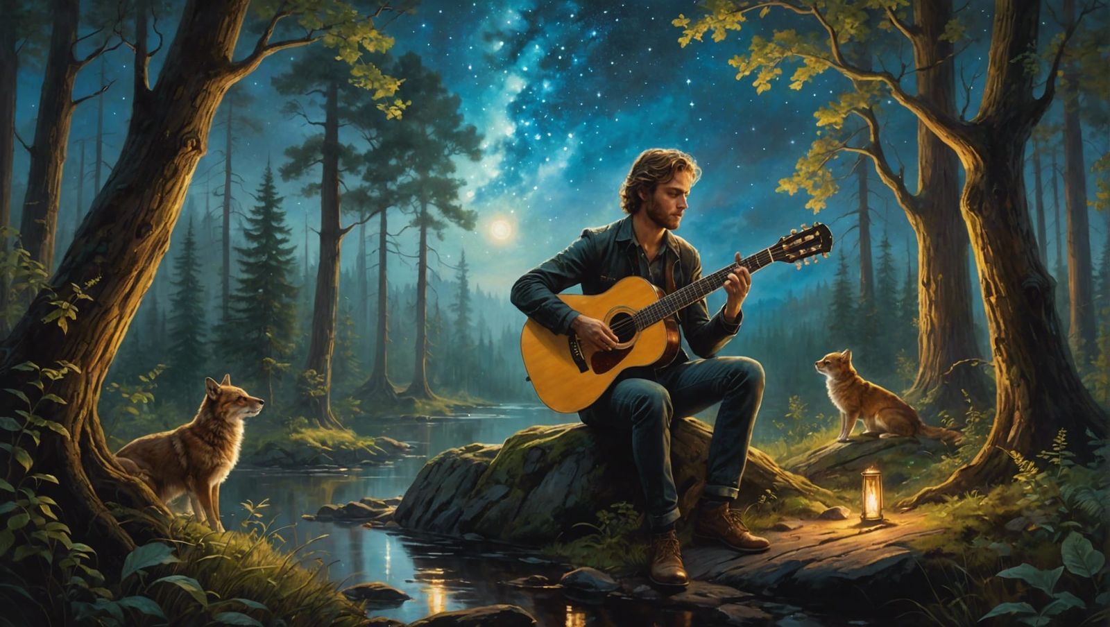 Starry Night Guitarist in Forest, Oil Painting