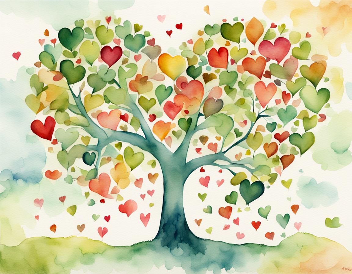 Whimsical Watercolor Tree with Heart Leaves