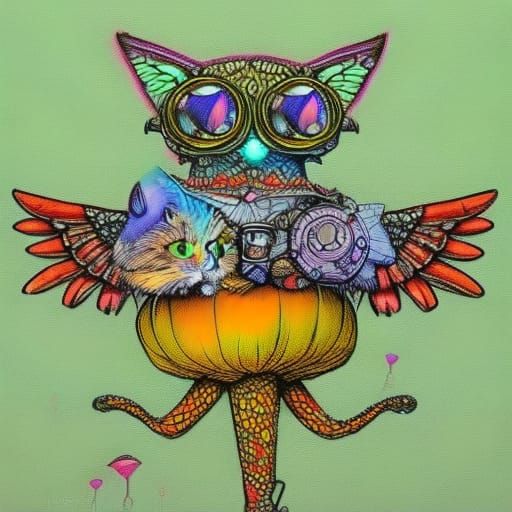 Winged Mushroom Cat in Steampunk Goggles