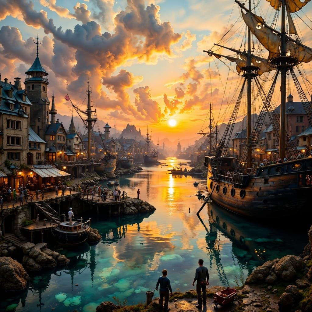 Ancient Harbor District at Sunrise in Ultra-Realistic Style