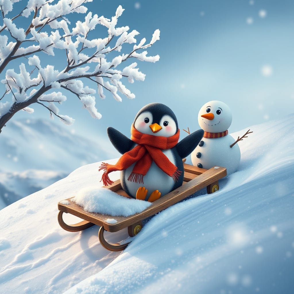 Penguin Sleds Down Snowy Mountain with Whimsical Snowman