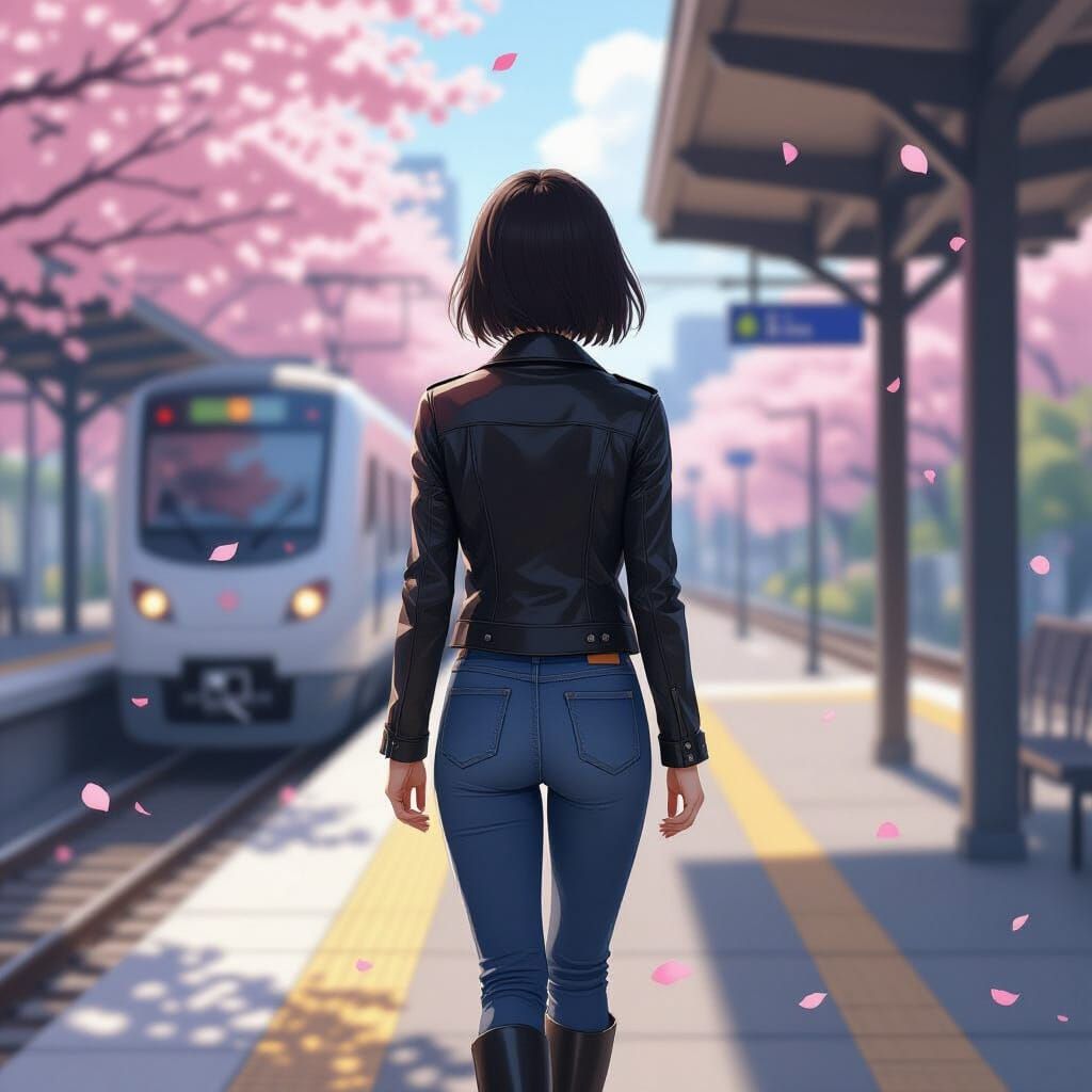 Asian Woman on Train Platform Amidst Falling Cherry Blossoms