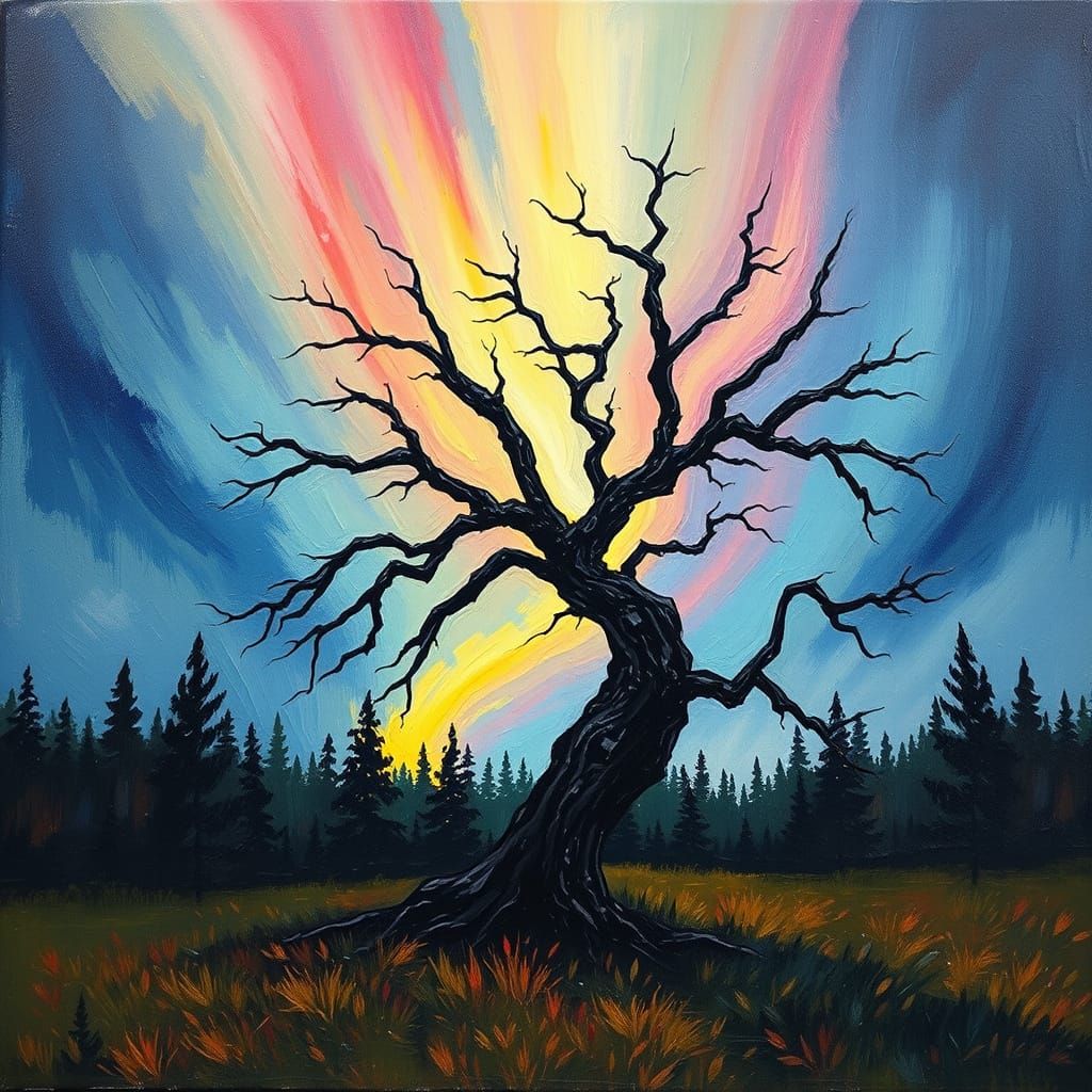 Ancient Tree Under Vibrant Aurora Borealis